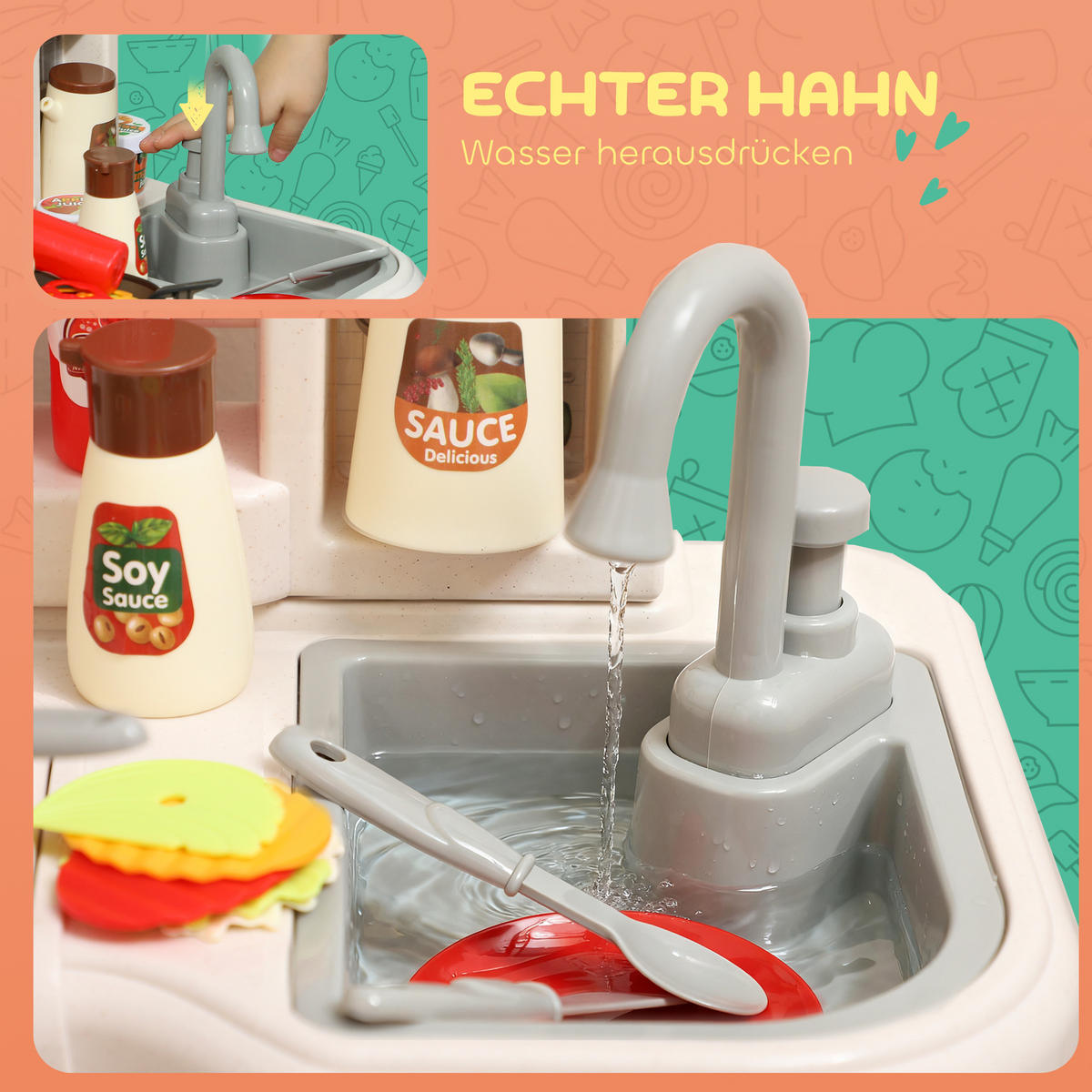 KINDERKÜCHE Spielküche mit Ofen Spüle Licht-und Soundfunktion und Zubehör - Grün, Kunststoff (24/44.5cm) - AIYAPLAY