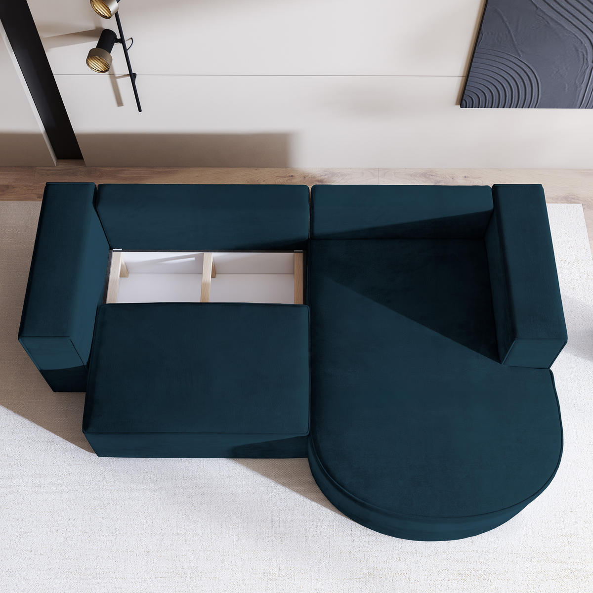 ECKSOFA SORELA M R-S Blau Velours-Stoff mit Schlaffunktion - Blau, Holz (263/174cm) - MASSENO