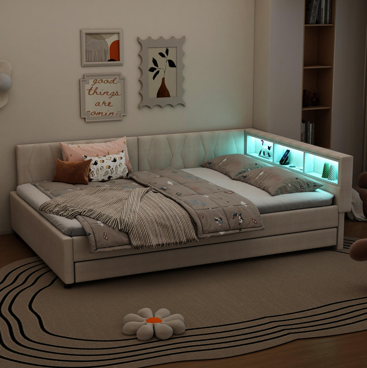 BETT 140/200 cm Beige mit LED-Beleuchtung und USB- und Type-C-Anschlüssen - Beige, Textil (140/200cm) - Flora Grace