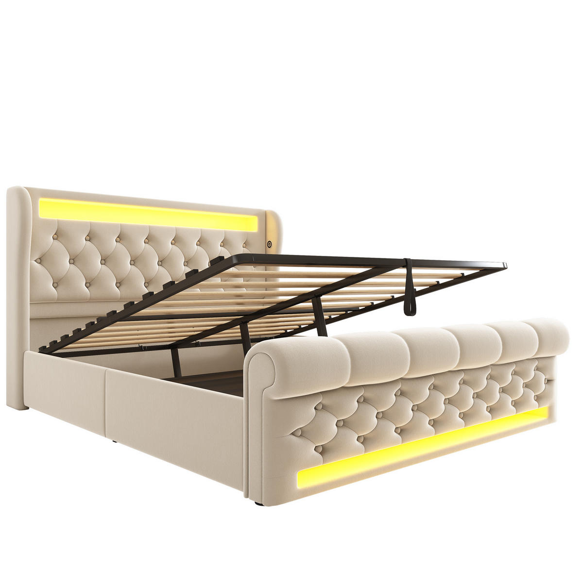 POLSTERBETT 140/200 cm Beige mit LED-Beleuchtung, Stauraum und USB- und Type-C-Anschlüssen - Beige, Textil (140/200cm) - Flora Grace