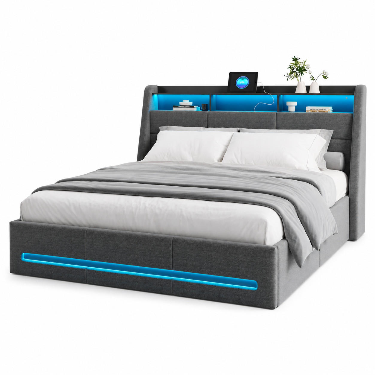POLSTERBETT 140/200 cm Grau mit Bettkasten, LED, USB-Anschlüssen, Kopfteil-Ablage und Lattenrost - Grau, Holz/Metall (140/200cm) - Joyfair