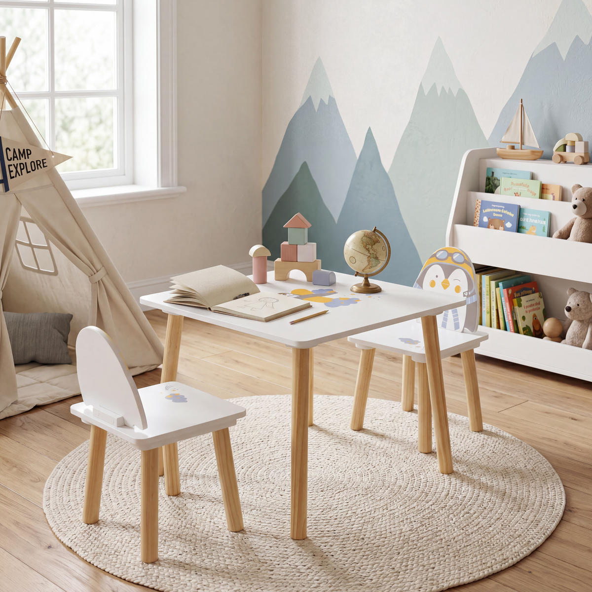 KINDERTISCH UND STÜHLE Weiß 55/55/43,5 3er-Set - Weiß, Holz (55/44/55cm) - Mobili Rebecca