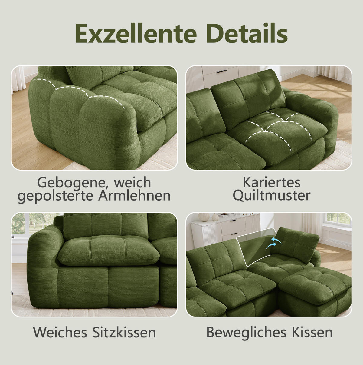 SOFA 194/160/68 cm in Grün aus Chenille, rahmenlos und montagefrei - Grün, Textil (160/68/194cm) - Flora Grace