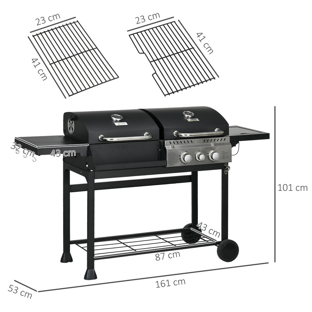 GASGRILL mit 2+1 Brenner, Thermometer, 3kW BBQ Holzkohlgrill mit Regal - Schwarz, Metall (53/101/161cm) - Outsunny