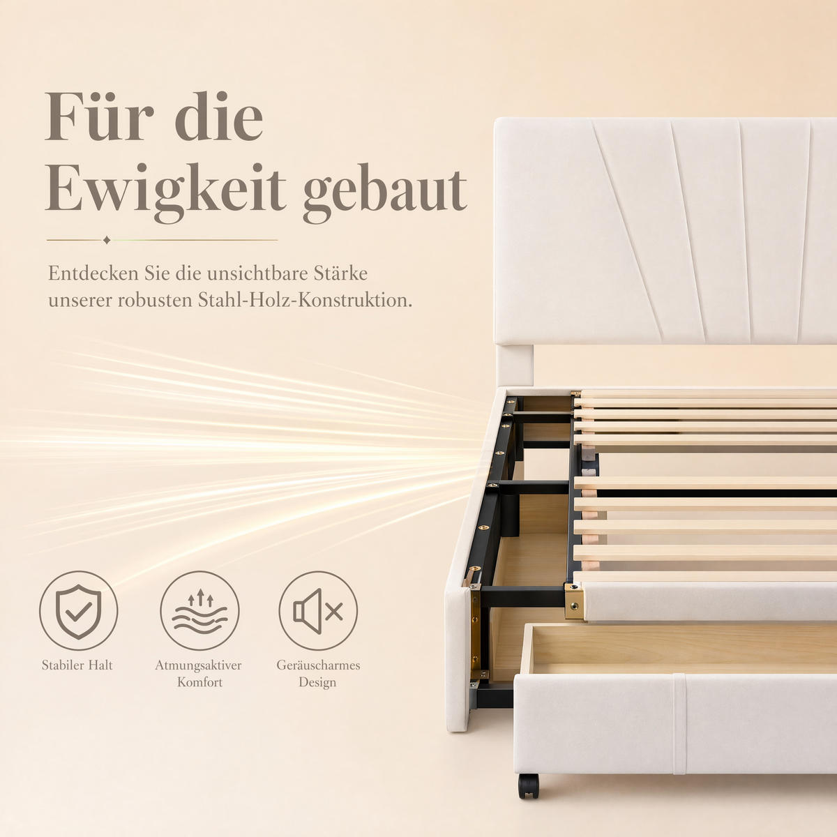 DOPPELBETT 140x200 Samt Beige Mit Rollschublade Stabil Lattenrost - Beige, Holz - SHOPENTRA