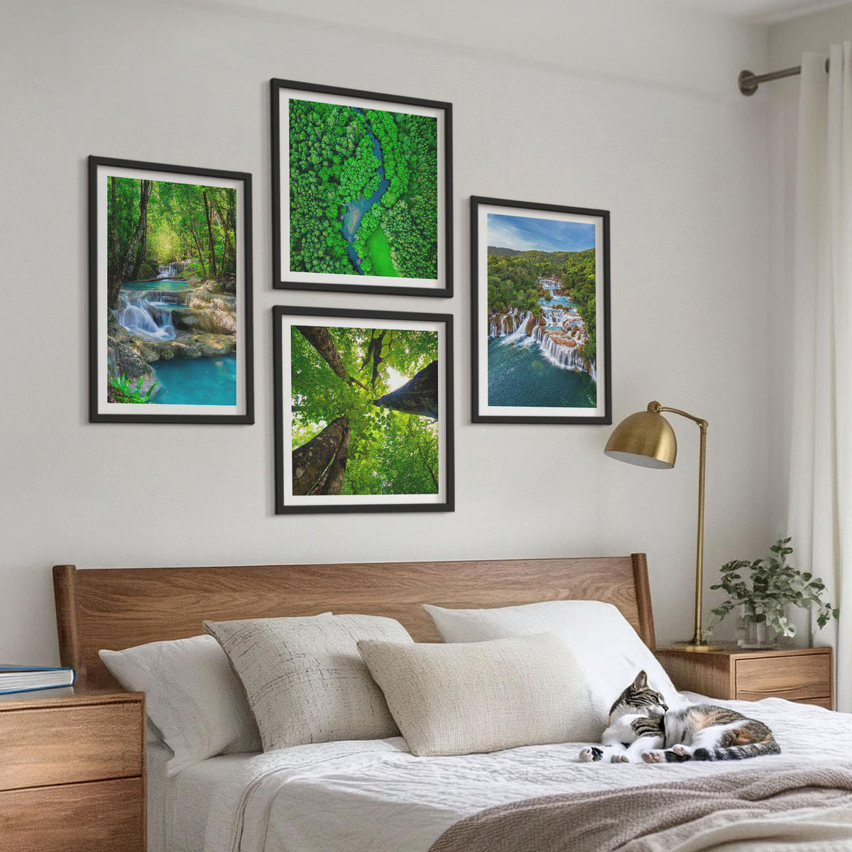 BILDER SET 4er Set - 50x50 cm & 40x60 cm Schwarzer Rahmen - Wasserfälle grüner Wald Wasser - Schwarz, Kunststoff (50/50cm) - TULUP