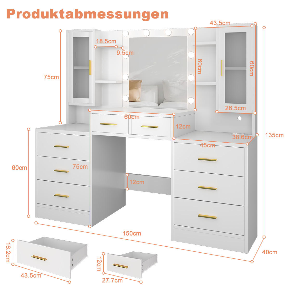 SCHMINKTISCH mit Spiegel, 150 x 40 x 135 cm, 10 dreifarbige LED-Lampen, Steckdosenleiste, 2 Türen und 8 Schubladen, 4 Regale, Weiß - Weiß, Holzwerkstoff (40/75/150cm)