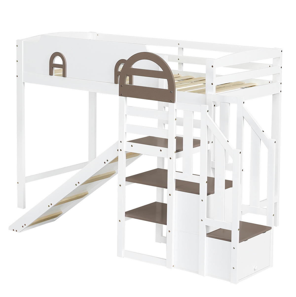 ETAGENBETT mit Fenstern, Rutsche und Stauraumtreppe, Weiß, 90/200 cm - Weiß, Holz (90/200cm) - MIVRAY