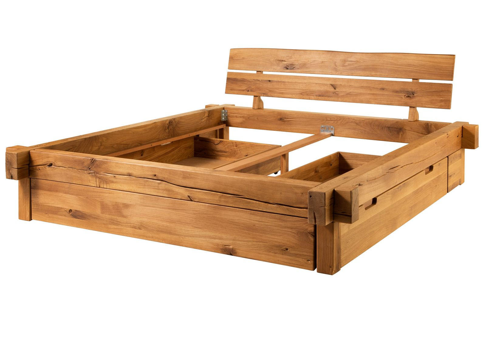 BETT mit Schublade Massivholz Wildeiche 200 x 200 x 85 natur BALKENMÖBEL #127 - Naturfarben, Holz (200/200cm) - Massivmoebel24