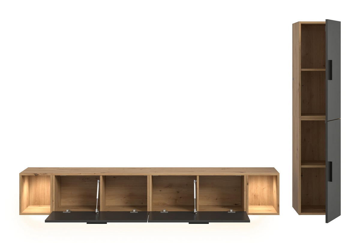 WOHNWAND inkl Beleuchtung Primo 4 tlg. (B/H/T: ca. 259/182/34 cm) in Artisan Oak /Basalt grau - Eiche Artisan, Holzwerkstoff (259/182/34cm)
