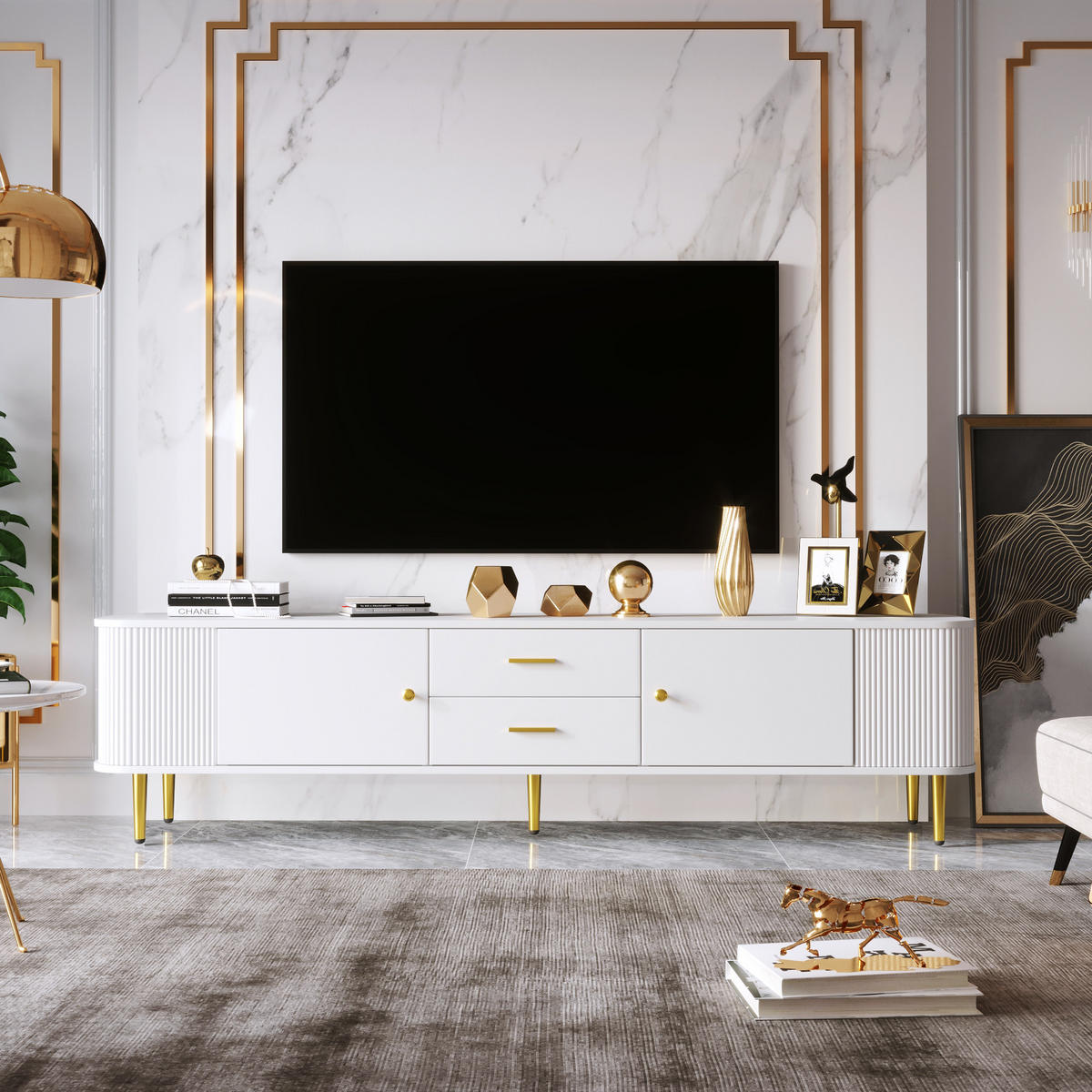 TV-SCHRANK Lowboard geschwungen Goldgriffe Stauraum - Weiß, Holz (170/45/34cm) - Fortuna Lai