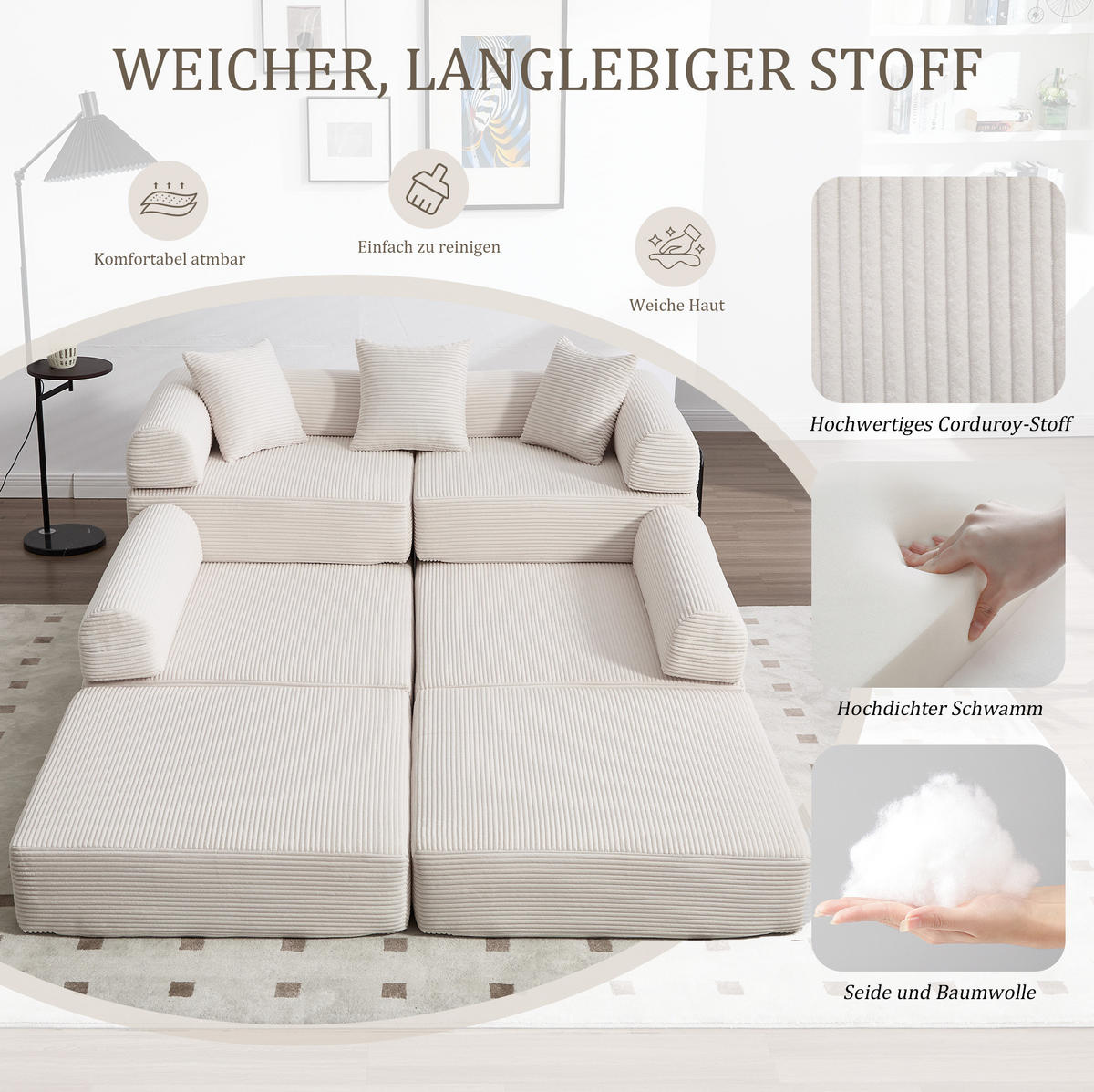 MODULARES Schlafsofa 270/180/64 cm aus Cord mit Seitentasche Beige - Beige, Textil (180/64/270cm) - Modenvie