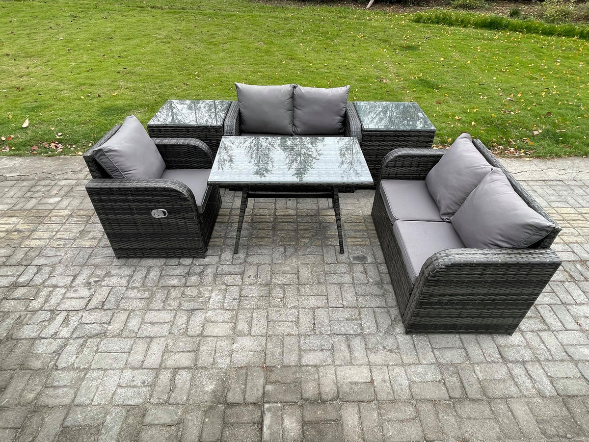 BALKONSET mit ESSTISCH SOFA Polyrattan Dunkelgrau 5-Sitzer - Dunkelgrau/Grau, Glas/Kunststoff - Fimous