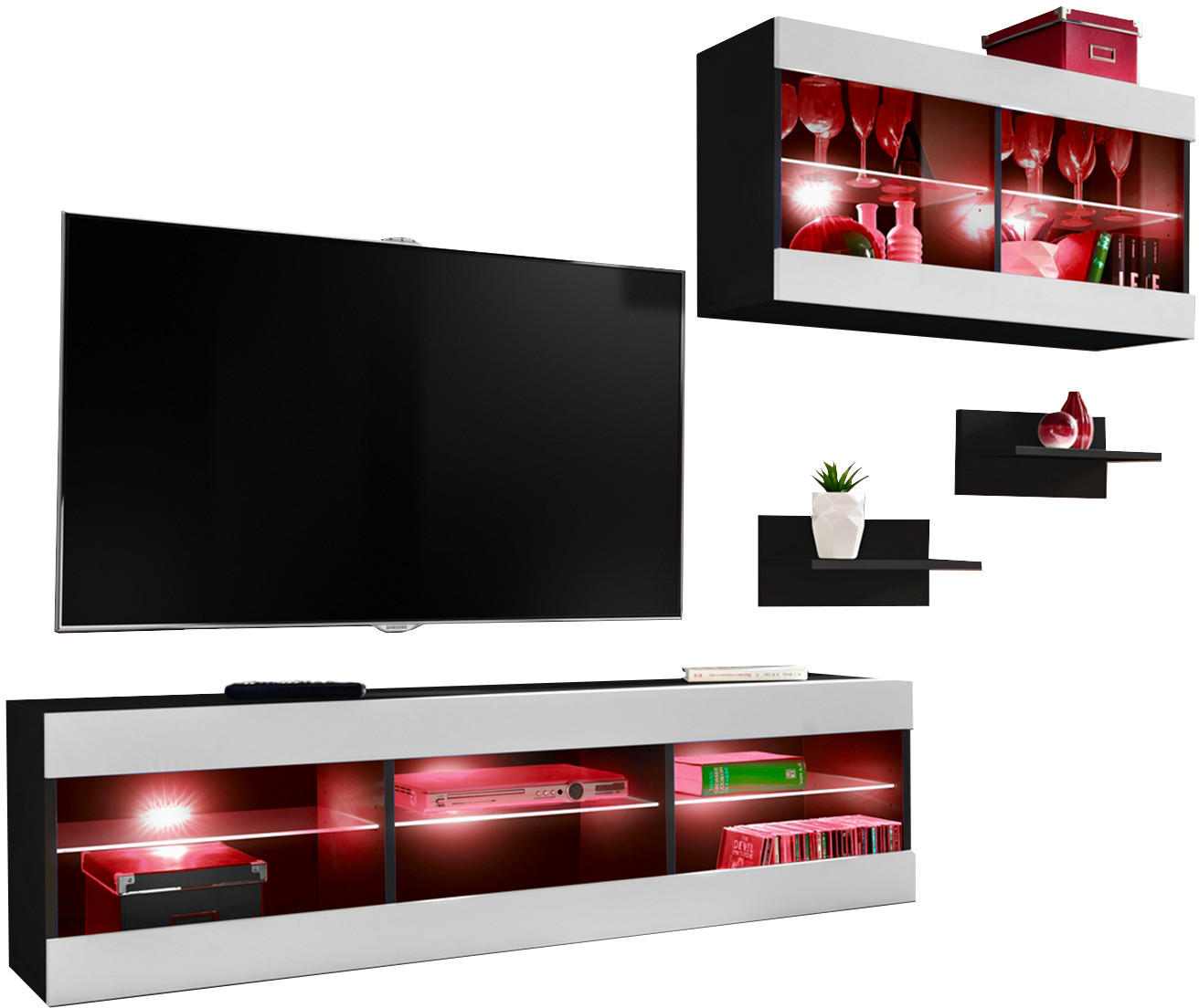 WOHNWAND 4-er Set, TIVOLI SET3 mit mehrfarbige LED RGB Beleuchtung Schwarz + Weiß, Offener Raum - Eiche Wotan/Weiß, Glas/Holzwerkstoff (240/195/35cm) - Komodee