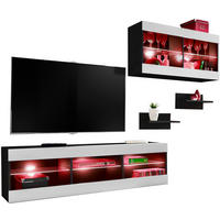 WOHNWAND 4-er Set, TIVOLI SET3 mit mehrfarbige LED RGB Beleuchtung Schwarz + Weiß, Offener Raum - Eiche Wotan/Weiß, Glas/Holzwerkstoff (240/195/35cm) - Komodee