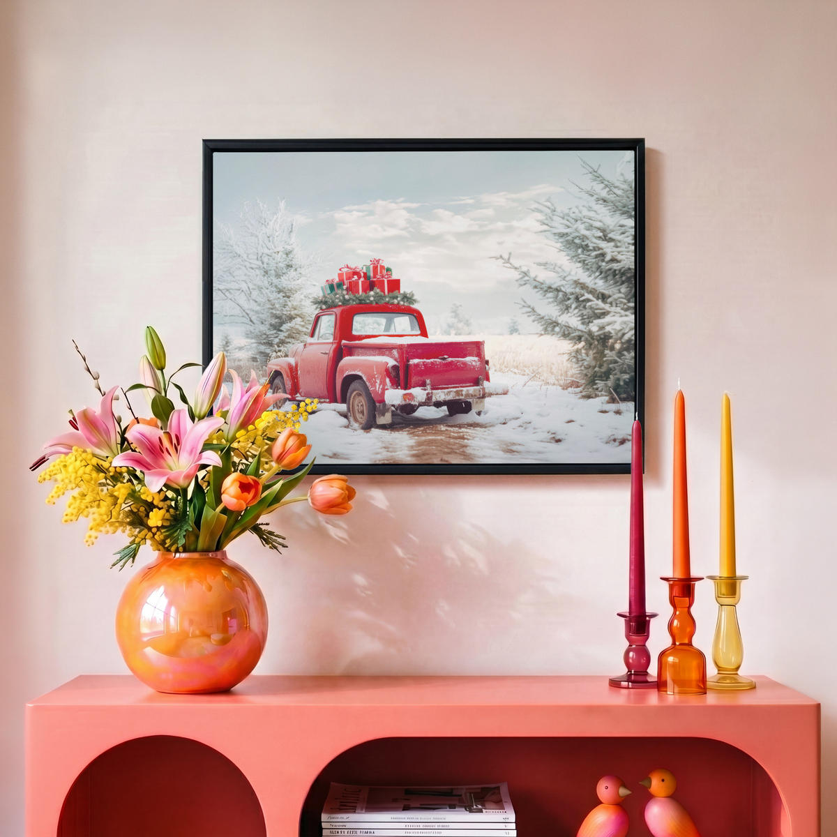 LEINWAND Bilder mit Rahmen - Auto - Rot - Geschenke - Winter - Schnee - Weihnachten - 40x30 - Rot, Textil (40/30cm) - MuchoWow