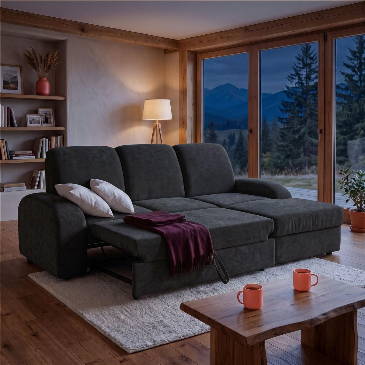 ECKSOFA VIBE S Rechts mit Schlaffunktion 130x202 Chenille Anthrazit - Anthrazit/Schwarz, Holz/Kunststoff (156/255cm) - Muffo