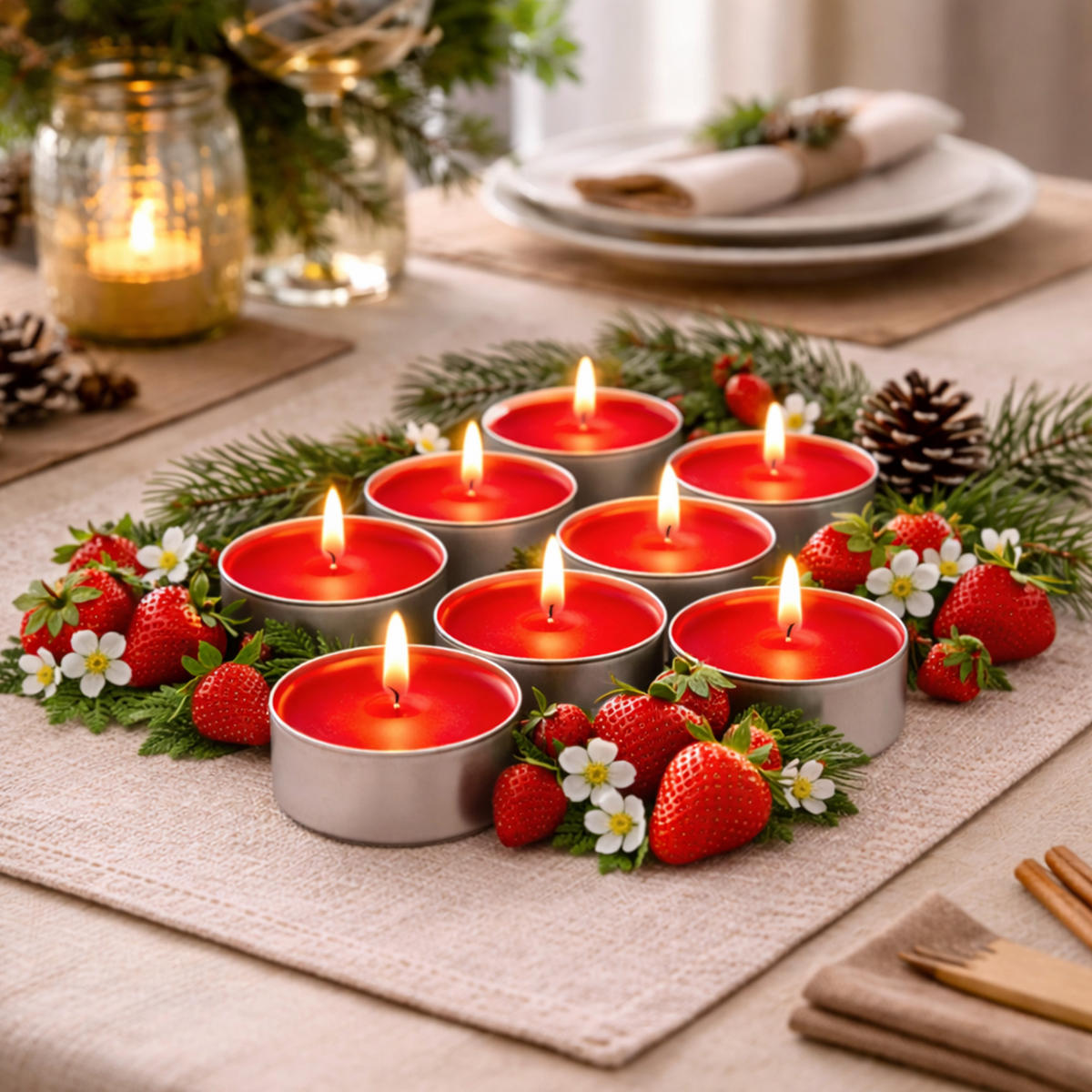TEELICHT mit Duft - Erdbeere - 18er Pack - Rot, Naturmaterialien (4/1.5/4cm) - HS Candle