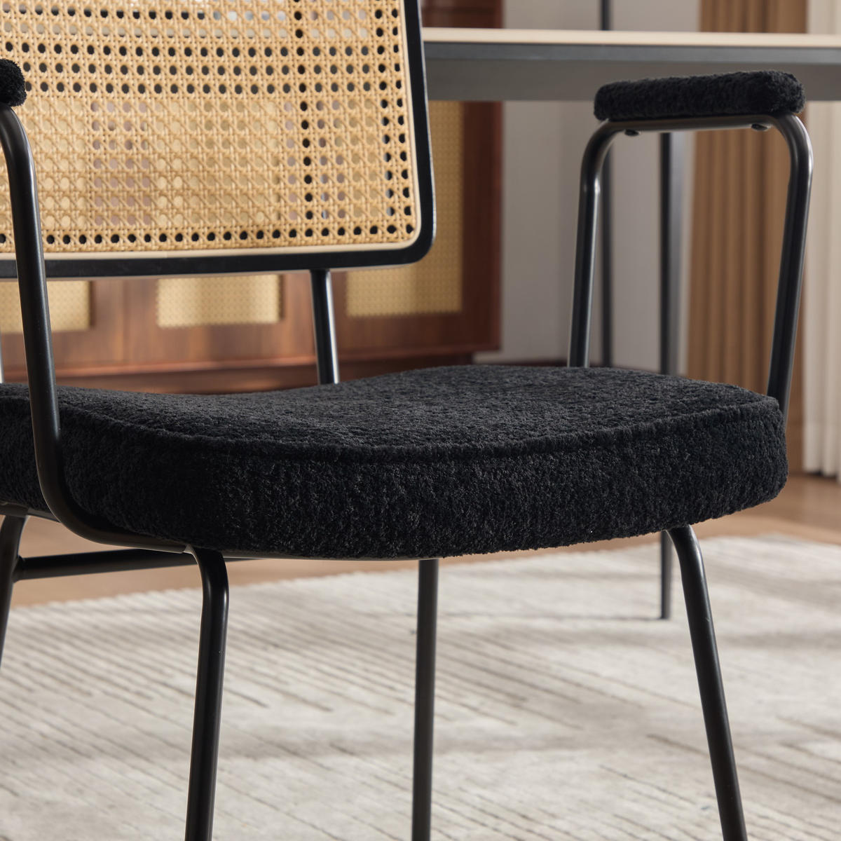 ARMLEHNSTUHL-SET DE-36881 2 Stück mit Chenille-Polsterung und Rattan-Optik Schwarz - Schwarz, Metall (58/82/62.5cm) - ComfortXL