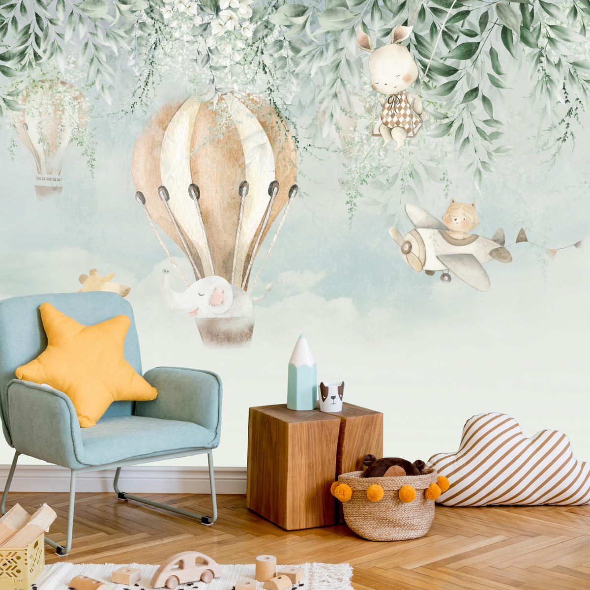 FOTOTAPETE für Kinderzimmer Tiere Wolken Ballons Giraffe Elefant 300x210 - Beige/Braun, Papier (300/210cm) - Muralo