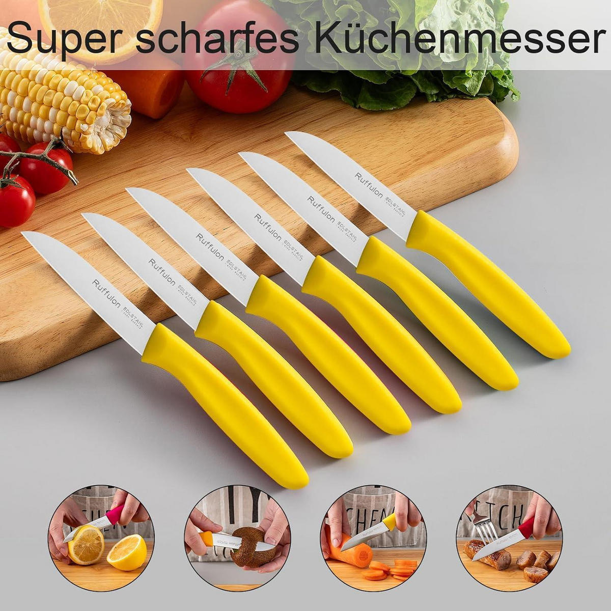 SCHÄLMESSER 6-teiliges Set Gelb Kunststoffgriff Edelstahl Klinge 3 Zoll - Goldfarben, Metall (19cm)