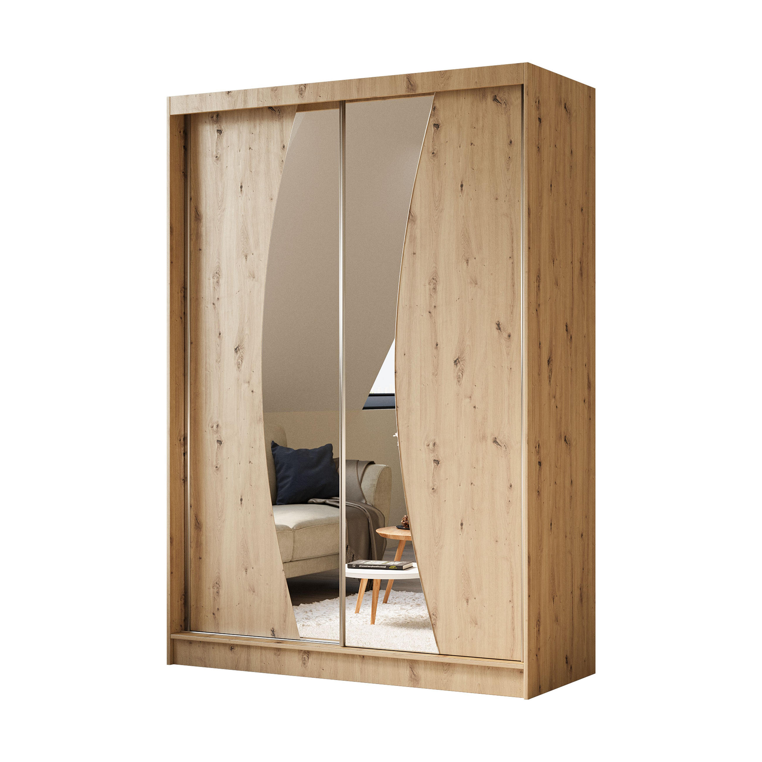 SCHWEBETÜRENSCHRANK VOCE 150/216/61 cm 2-türig mit Spiegel Eiche Artisan - Eiche Artisan, Holzwerkstoff (150/216/61cm) - MASSENO