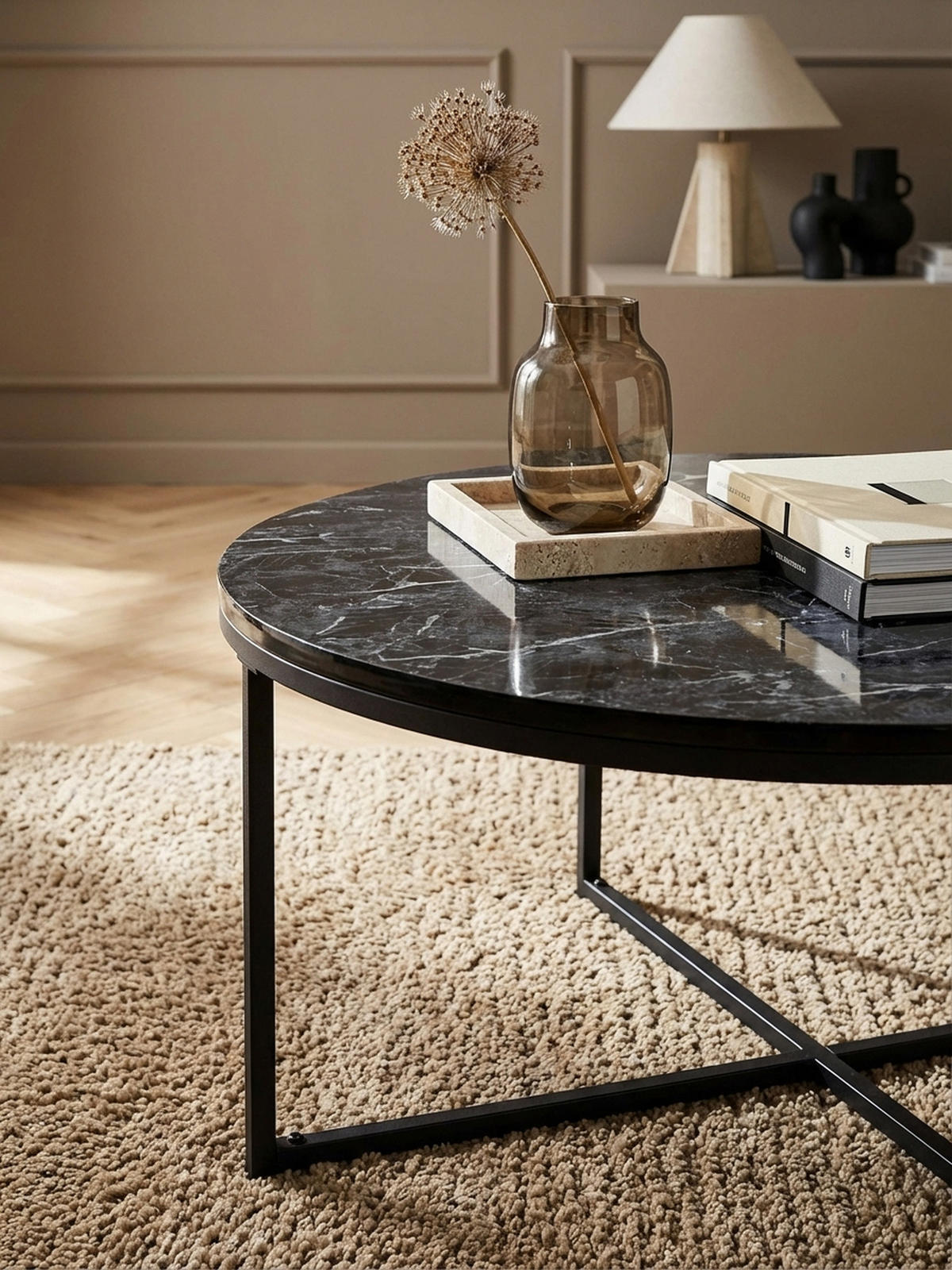 COUCHTISCH mit Marmor-Optik und Hochglanz-Finish, rund, Schwarz 80x80x35 cm - Schwarz, Holz/Metall (80/80/35cm) - KADIMA DESIGN