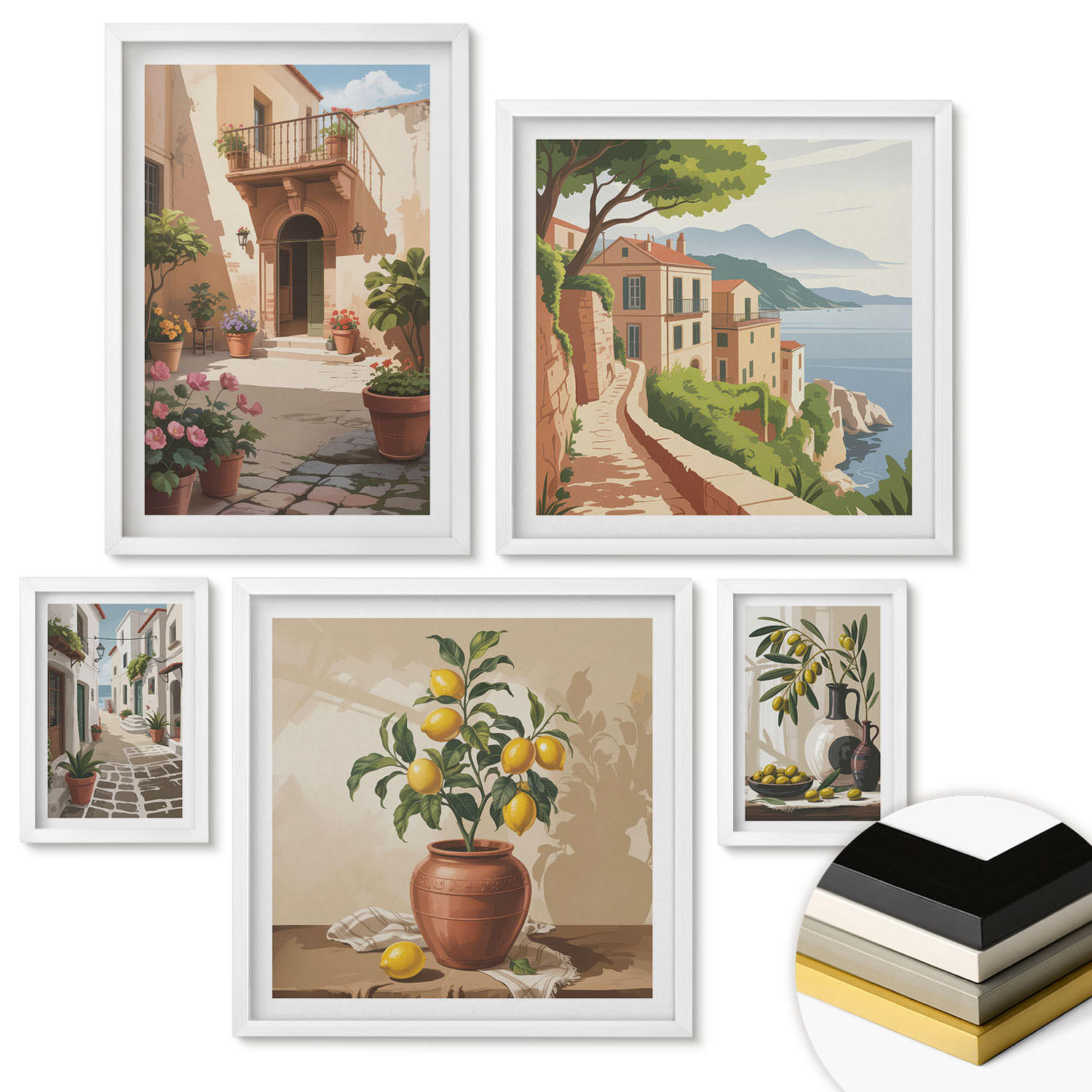 WANDBILDER 5er-Set - 50x50 cm & 20x30 cm & 40x60 cm Weißer Rahmen - Zitronenblumen im Topf, Straßen - Weiß, Kunststoff (40/60cm) - ArtPrintCave