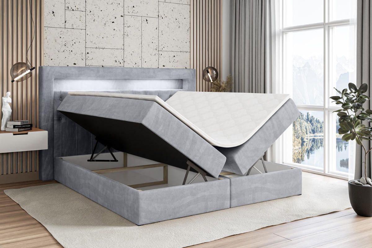 BOXBETT LED mit H3-Matratze und Lattenrost - NOEL GOLD - 160x200 Hellgrau - Hellgrau, Holzwerkstoff (160/200cm) - ALTDECOR