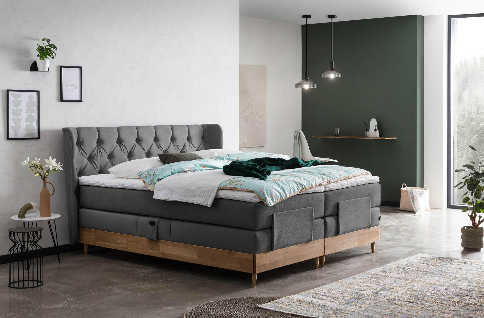 BOXSPRINGBETT ELEKTRISCH VERSTELLBAR EON 160x200 Anthrazit H2 und H3 Bett mit Motor 7-Zonen TFK Matratze inkl. Visco Topper Motorbett mit Eiche - Anthrazit, Textil (160/200cm) - Belanoti