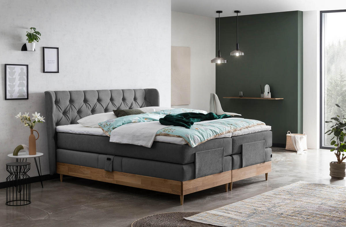 BOXSPRINGBETT ELEKTRISCH VERSTELLBAR EON 160x200 Anthrazit H2 und H3 Bett mit Motor 7-Zonen TFK Matratze inkl. Visco Topper Motorbett mit Eiche - Anthrazit, Textil (160/200cm) - Belanoti