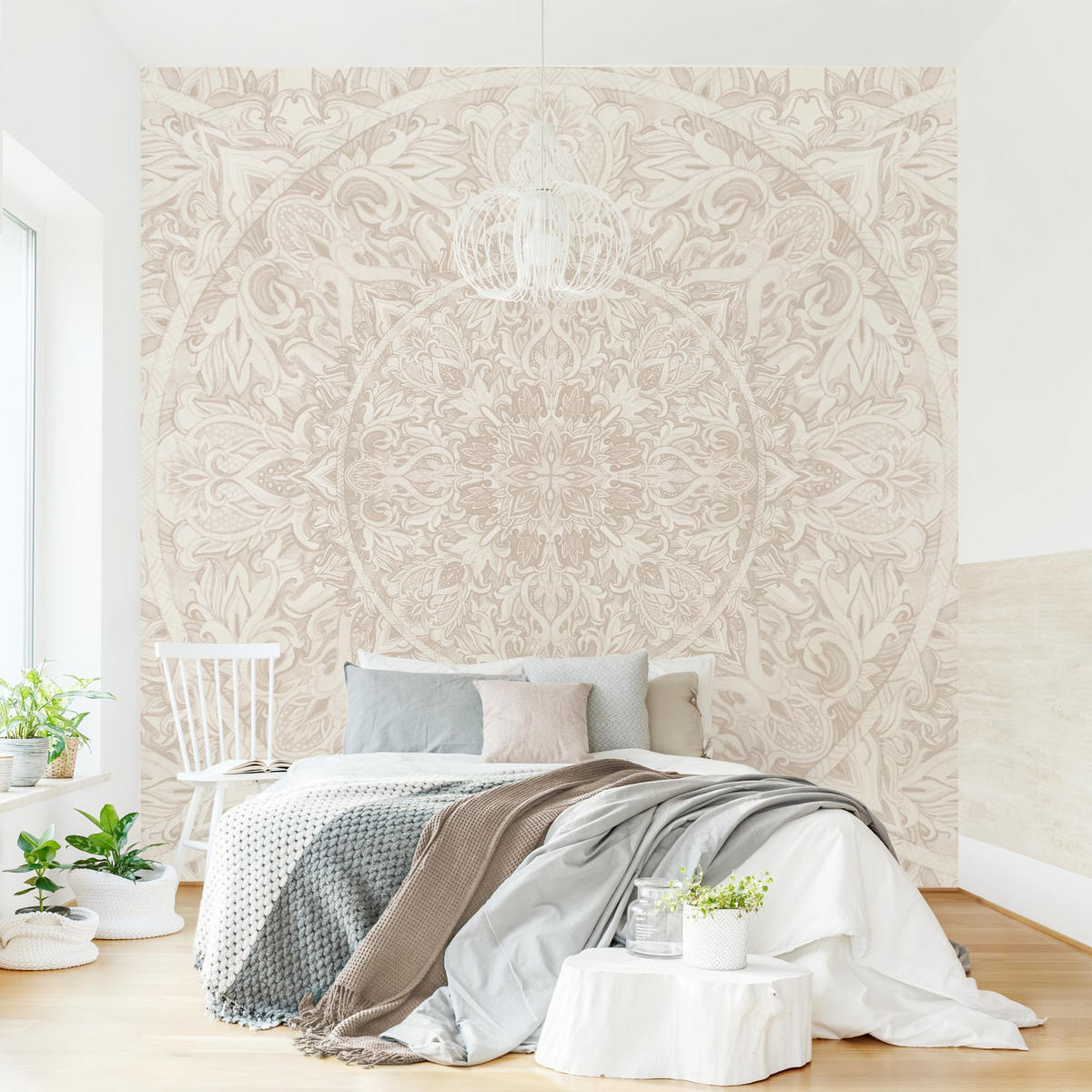 FOTOTAPETE Mandala Aquarell Muster Ornament beige 192/192 cm - Eichefarben, Papier (192/192cm) - Bilderwelten