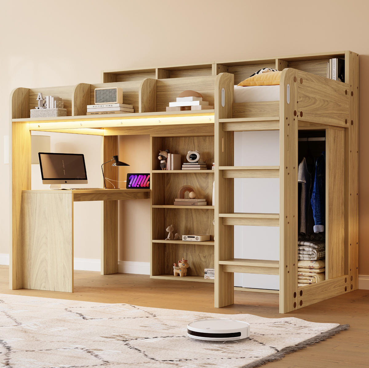 HOCHBETT aus Holzwerkstoff 90x200 cm Holzfarbe mit Schreibtisch, Kleiderschrank, LED und Steckdosen - Naturfarben, Holzwerkstoff (90/200cm) - IVMEU