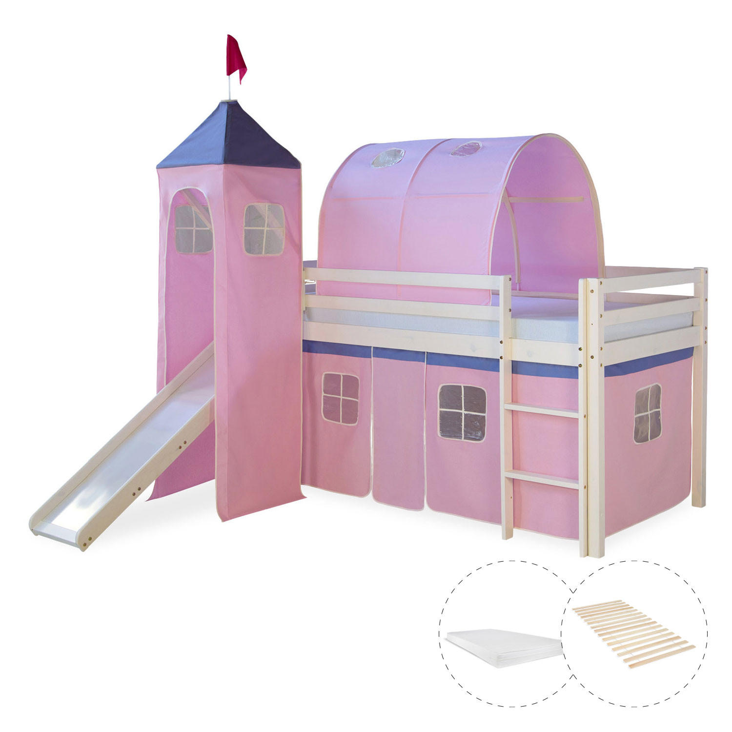HOCHBETT 90/200 cm in Rosa mit Lattenrost + Matratze - Weiß/Rosa, Holz - Homestyle4u