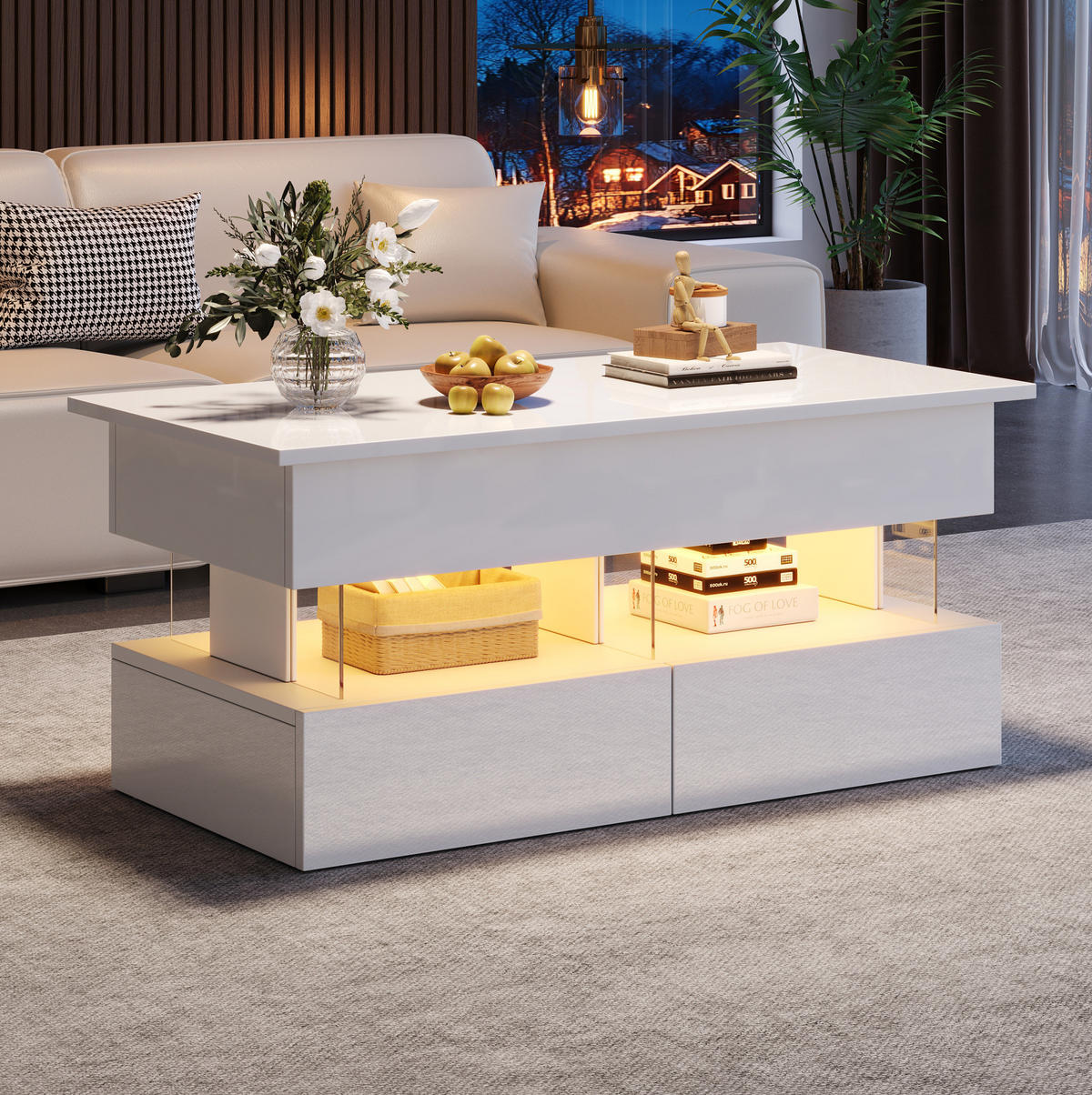COUCHTISCH aus MDF und Acryl 120x50x46 cm Weiß mit Hubfunktion, LED-Beleuchtung und 2 Schubladen - Weiß, Holzwerkstoff (120/50/46cm) - IVMEU