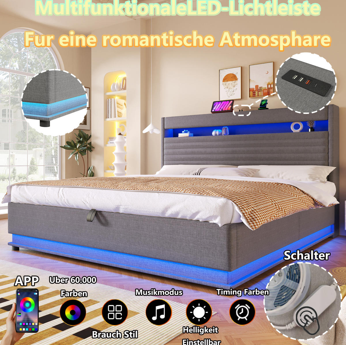 POLSTERBETT 180/200 cm mit LED-Beleuchtung, USB- und Typ-C-Anschluss, hydraulischem Stauraum und Leinenbezug, Grau - Grau, Textil (180/200cm) - Redom