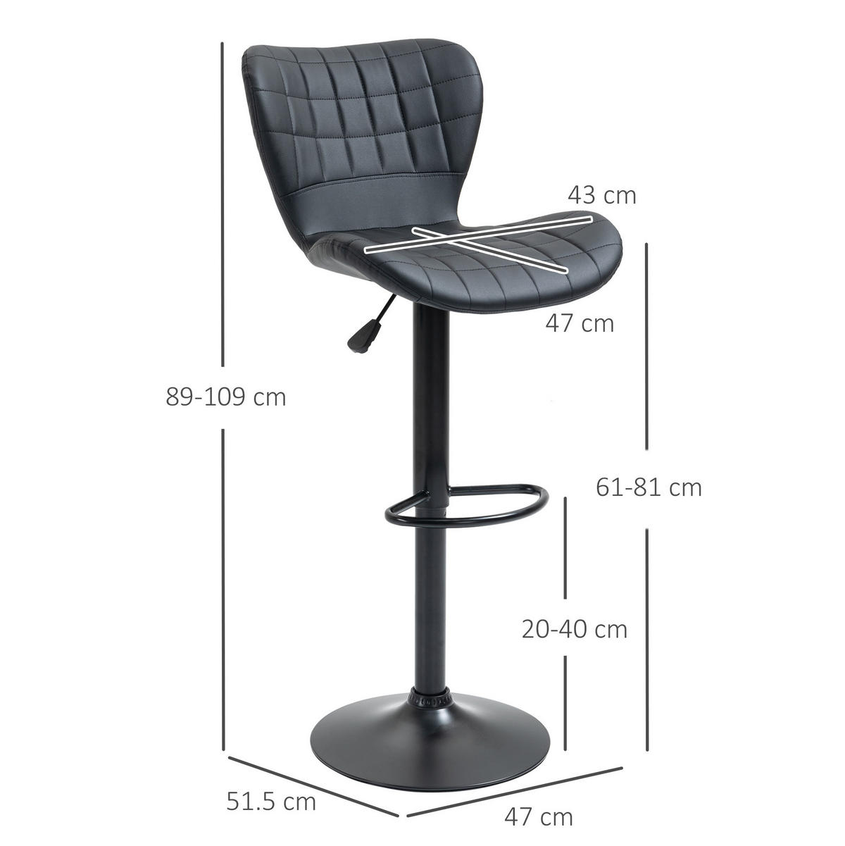 BARHOCKER 2er-Set höhenverstellbar drehbar 57 x 58 x 87-107 cm Kunstleder Schwarz - Schwarz, Metall (51.5/109/47cm) - Meubliv