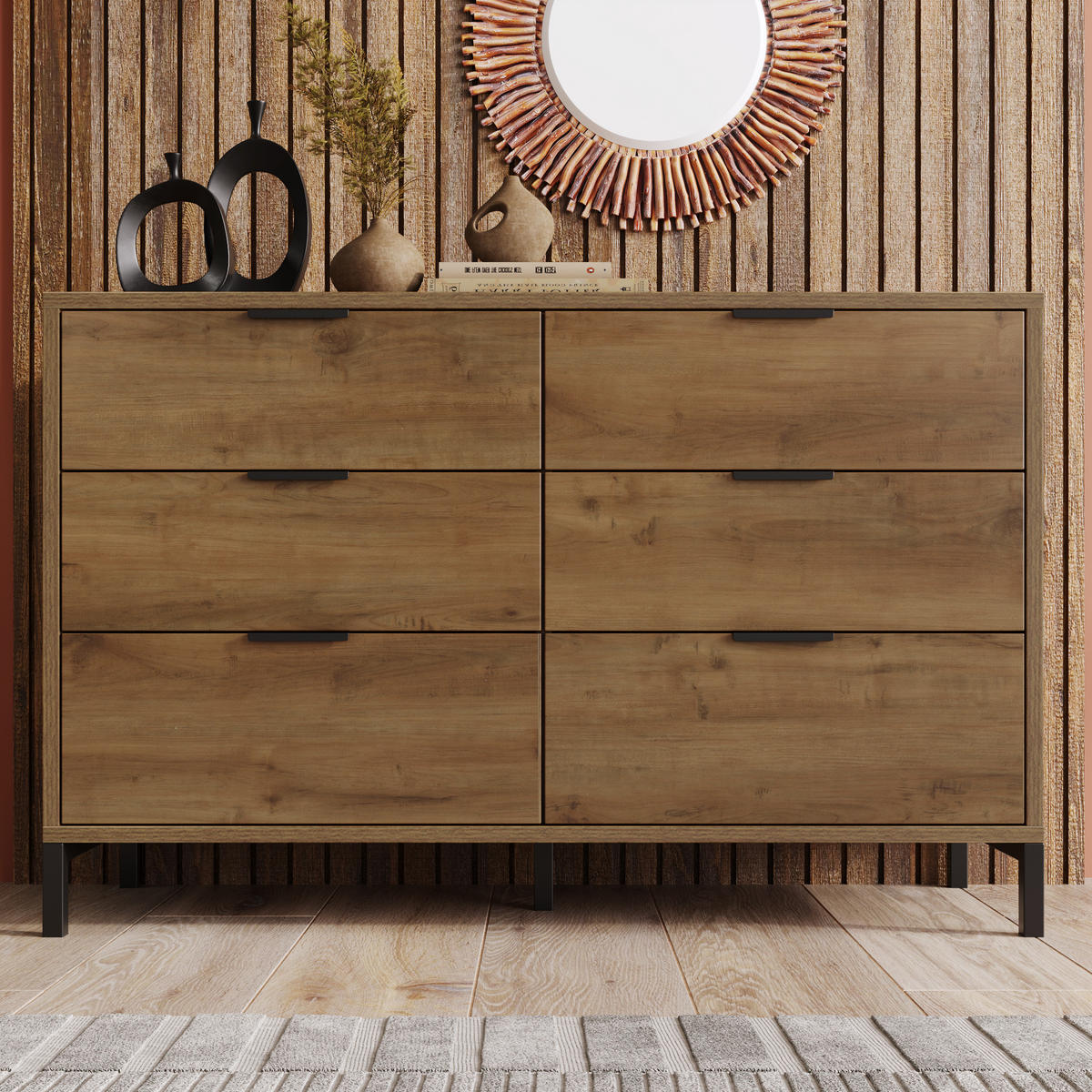 KOMMODE in Dunkle Eichefarben Sideboard mit 6 Schubladen für Schlafzimmer und alle Wohnräume, B120/T40/H76 cm - Eichefarben/Schwarz, Holzwerkstoff/Metall (120/76/40cm) - STILVORA