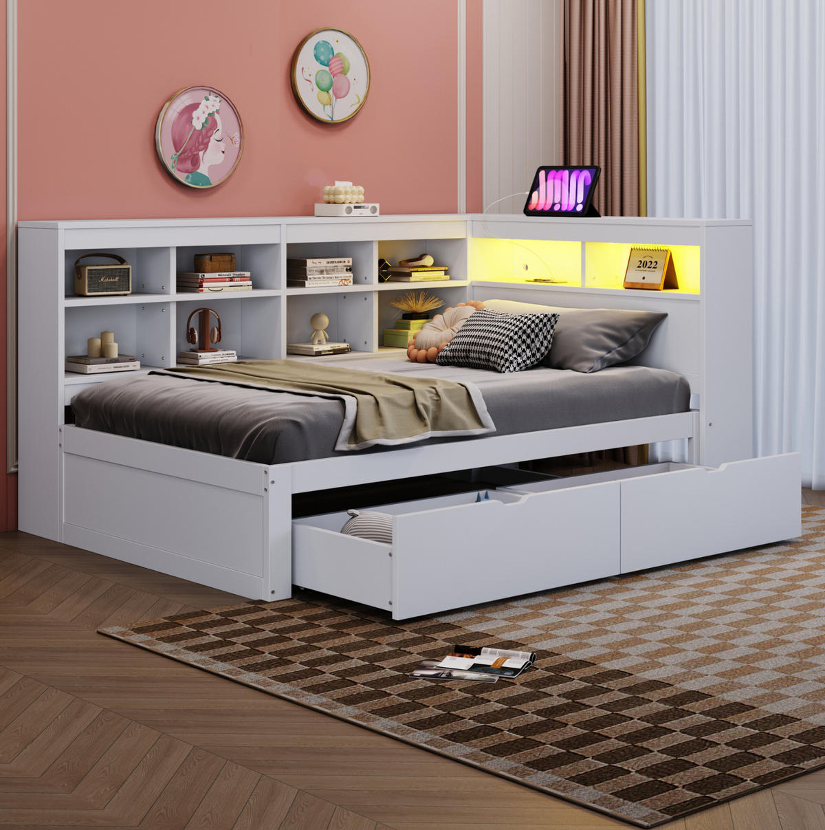 SCHLAFSOFA aus Kiefernholz 90x200 cm Weiß mit Stauraum, LED-Leiste und USB-Steckdose - Weiß, Holzwerkstoff (90/200cm) - IVMEU