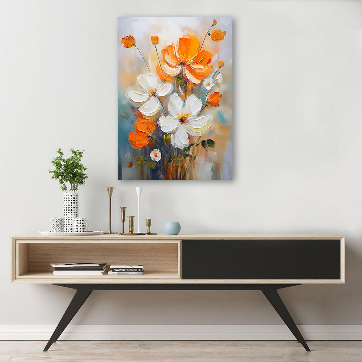 WANDBILD weiße und orangefarbene wildblumen - Orange, Textil (80/120cm) - Feeby