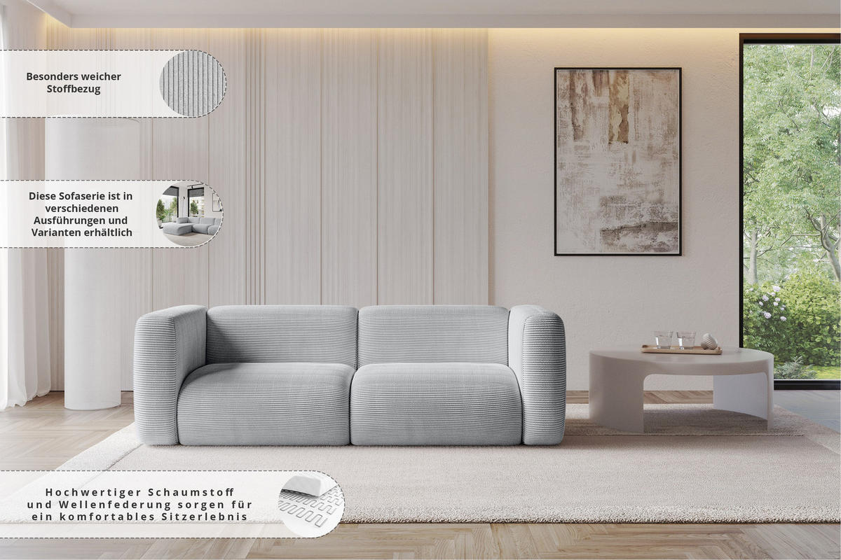 MODULARES Sofa 2-SITZER MIRA-S1 228x89x70 Grau cm Cord - Blaugrau/Schwarz, Holzwerkstoff/Kunststoff (228/70/89cm) - ALTDECOR