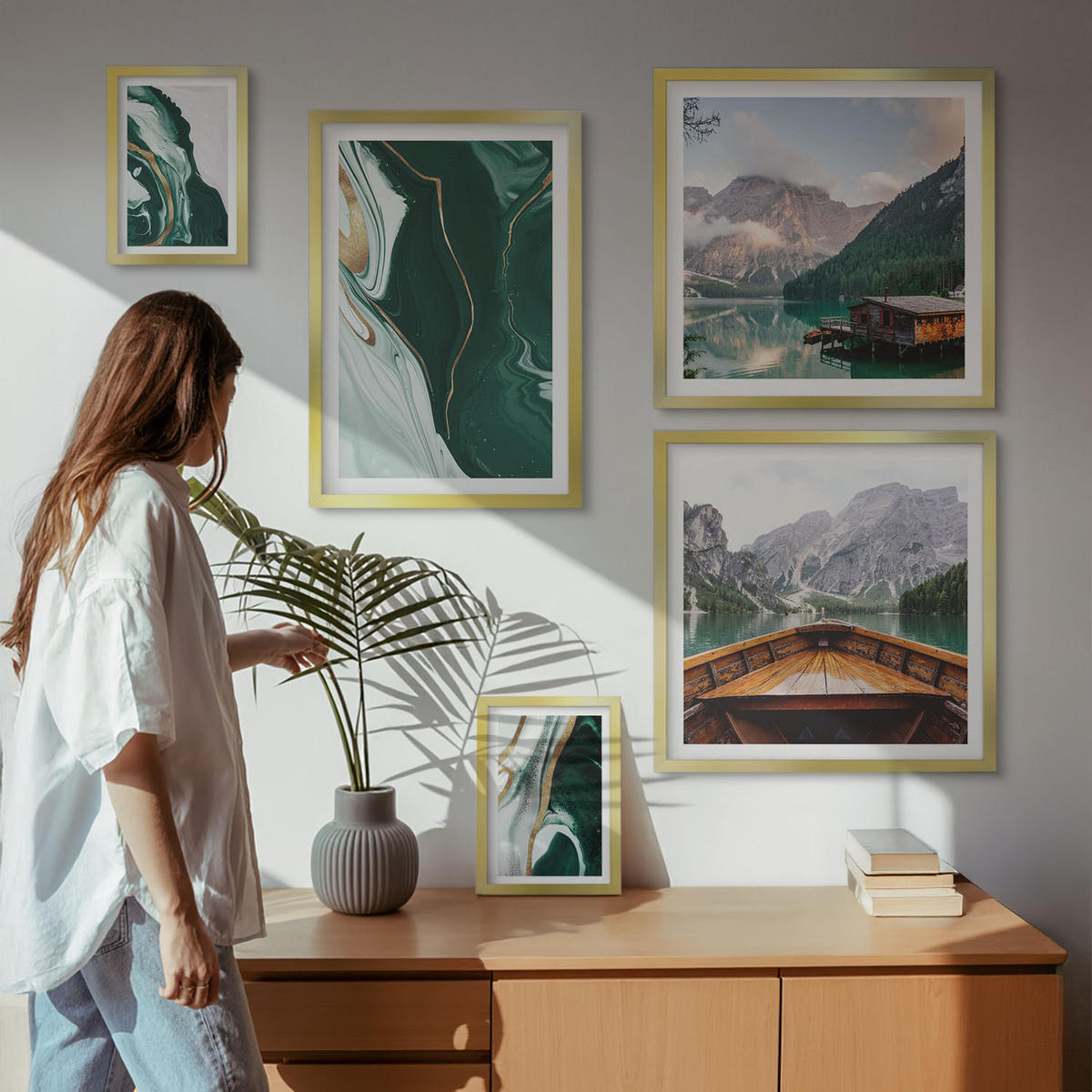 BILDER SET 5er Set - 50x50 cm & 20x30 cm & 40x60 cm Goldrahmen - Abstrakte Muster von Sukkulentenblättern - Goldfarben, Kunststoff (40/60cm) - TULUP