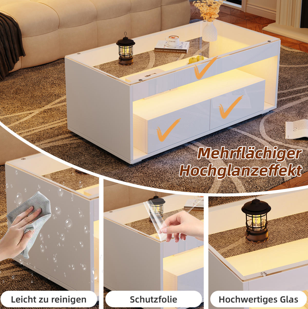 COUCHTISCH aus Spanplatte und Glas 100x50x40 cm Weiß mit LED-Beleuchtung und 2 Schubladen - Weiß, Holzwerkstoff (100/50/40cm) - IVMEU