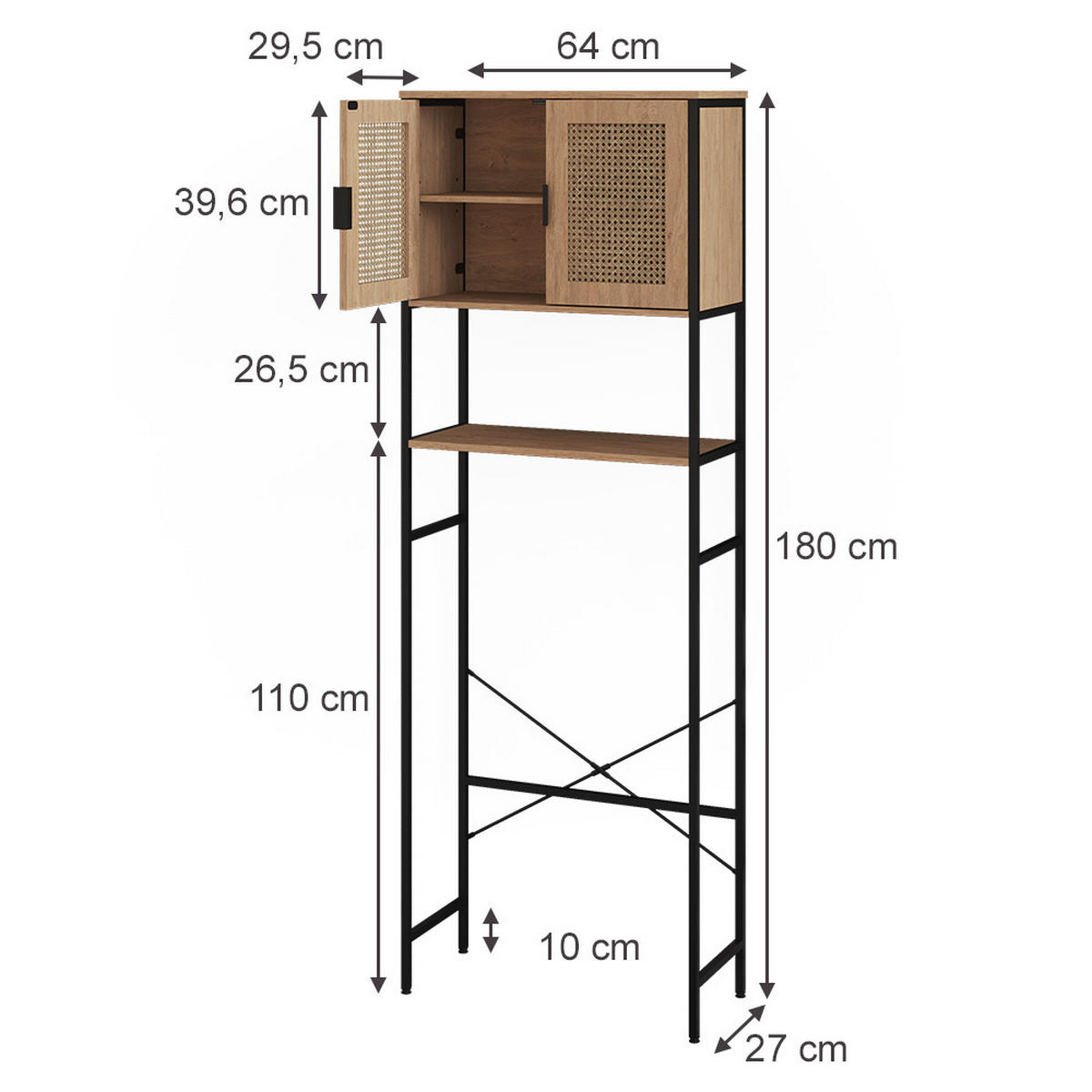 TOILETTENSCHRANK Linara, Eiche/Schwarz, 64 x 180 cm - Eichefarben/Schwarz, Holzwerkstoff (64/180/27cm) - Vicco