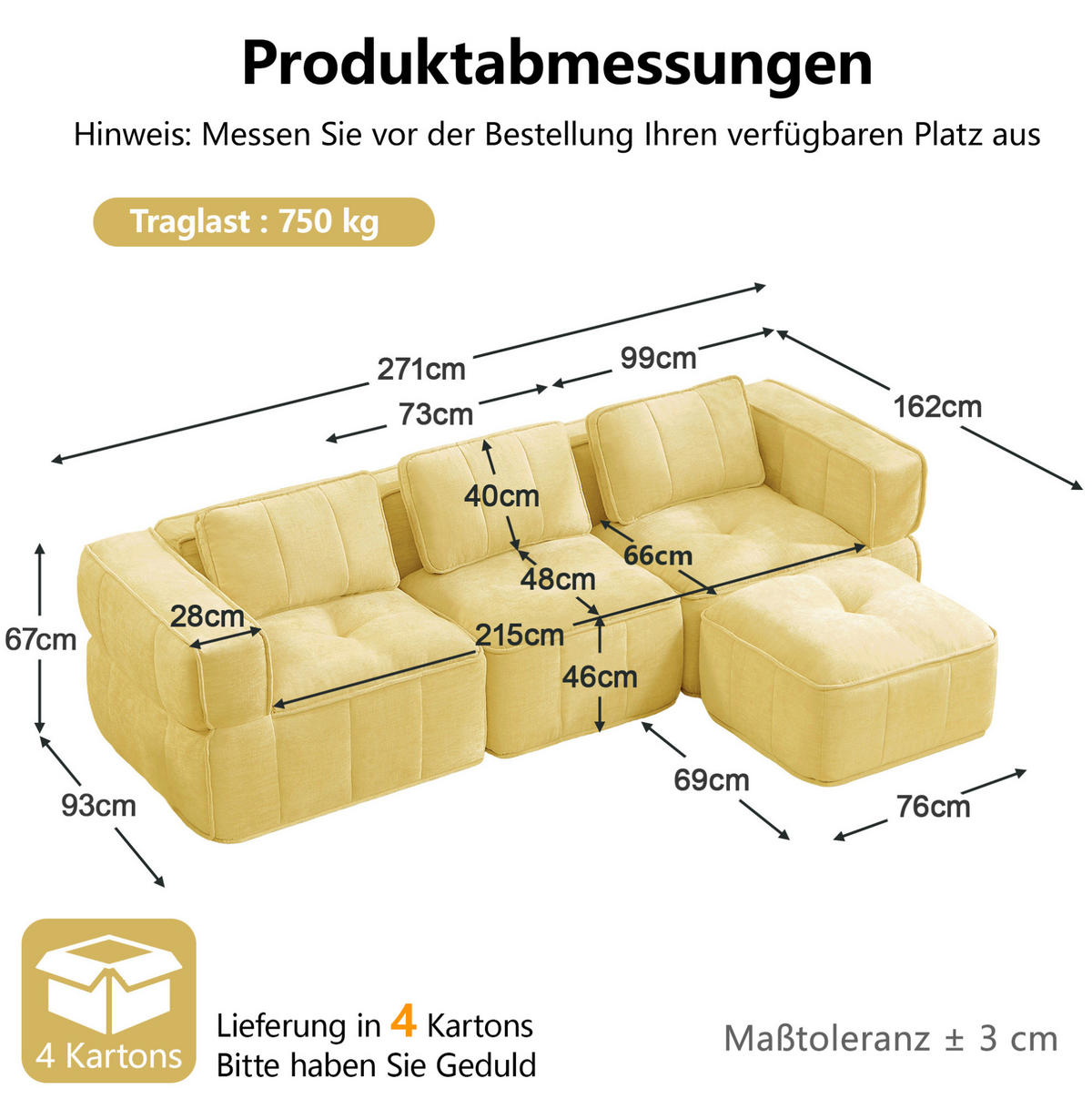 ECKSOFA 271/162/67 cm in Gelb aus Polyester mit Hocker - Gelb, Kunststoff (162/271cm) - Flora Grace