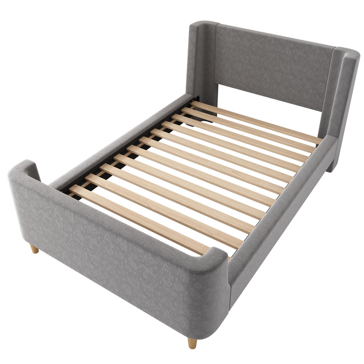 KINDERBETT 90/200 cm in Grau mit Samtbezug und Weltraummuster - Grau, Textil (90/200cm) - BEAOK