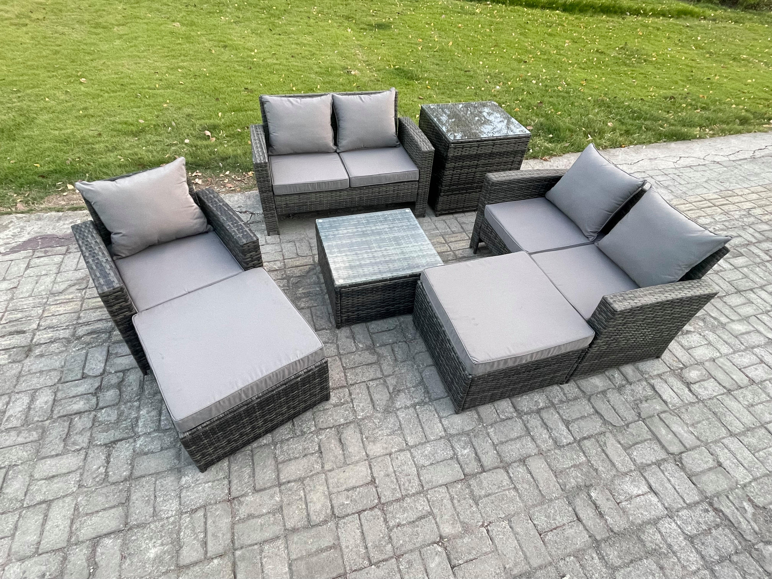 Thumbnail - Fimous Gartensofa, Dunkelgrau, Metall, 7-Sitzer, quadratisch, Loungemöbel, Loungemöbel-Sets