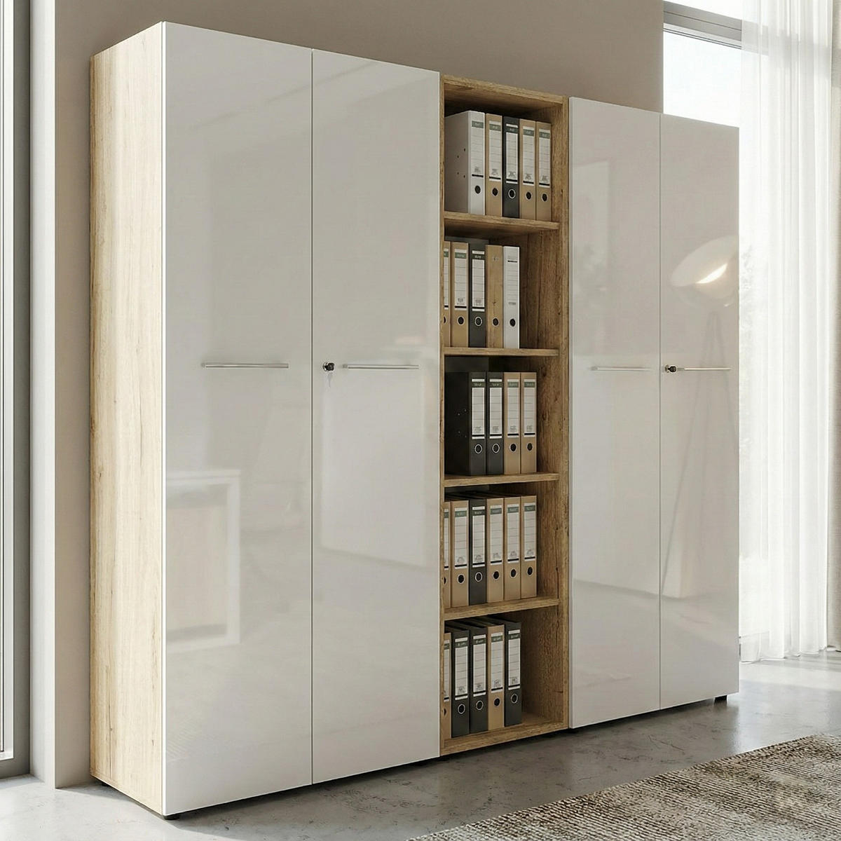 BÜRO-SET MUENCHEN 3-teilig | 240cm breit Glasfront | 2 Schrank Abschließbar & Regal | Chalet-Eiche-Nb./Weiß - Weiß, Holzwerkstoff/Metall (240/196/37cm) - KADIMA DESIGN