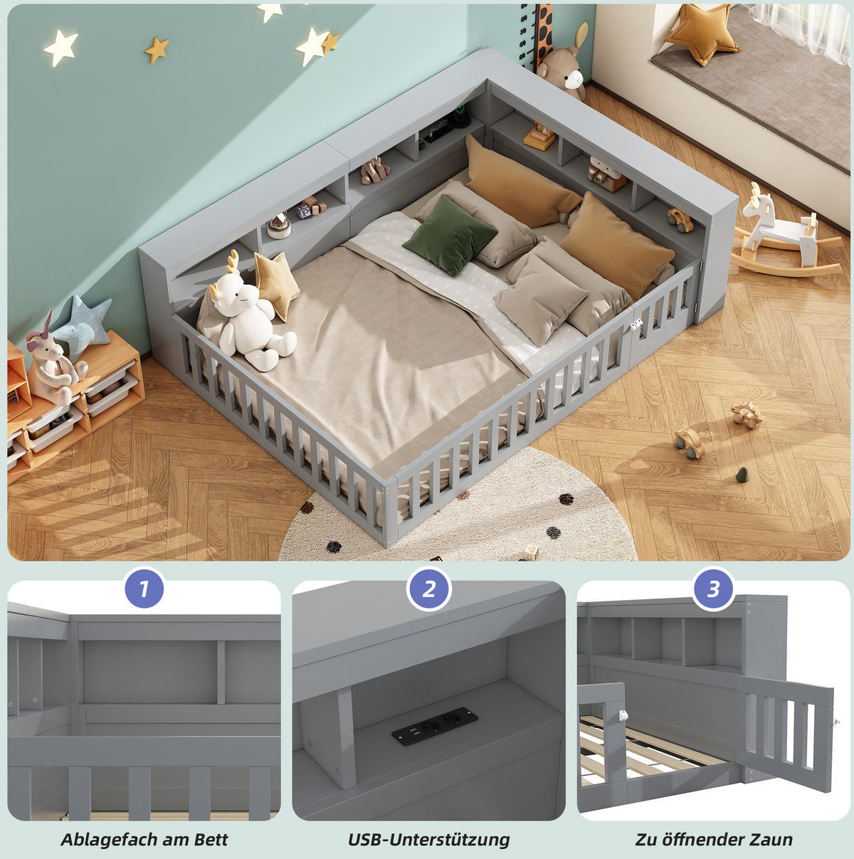 TAGESBETT 140/190 cm Grau aus Spanplatte und MDF mit Stauraum, Lattenrost und USB-Anschluss - Grau, Holzwerkstoff (140/200cm) - OKMYHOME
