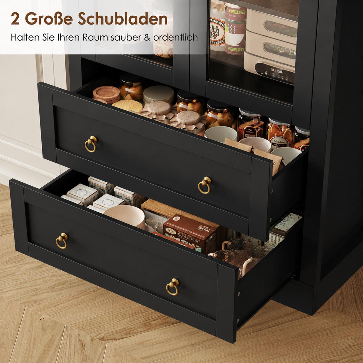 AUFBEWAHRUNGSSCHRANK 170cm Glastüren Schubladen Schwarz - Schwarz, Holzwerkstoff (80/170/36cm) - FLIEKS